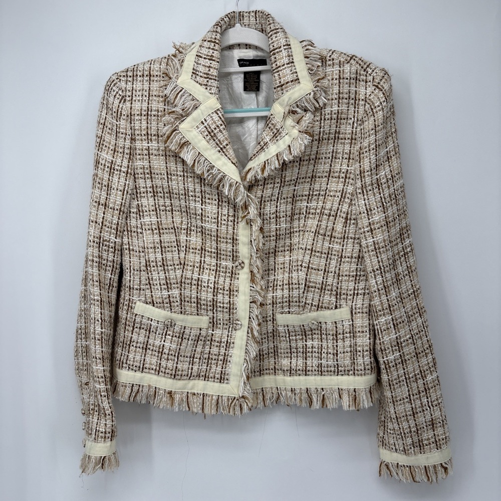 Grace Elements Jacket Blazer Womens 10 Brown Floral‎ Tweed Long Sleeve Frayed